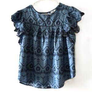 Crown & Ivy Blue Top with Dark Blue Embroidery and Flutter Scalloped Sleeves